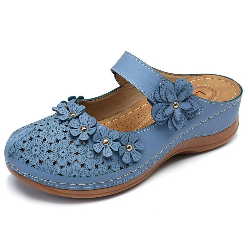 Chicvane Flower Cut Out Buckle Closure Leather Wedge Sandals Slides Shoes