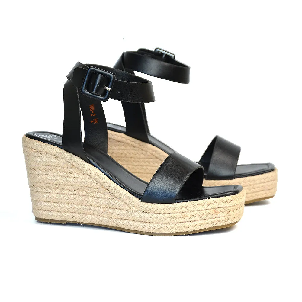 Dayla Platform Espadrille Sandal Wedge Heel With a Square Toe in Leopard Pattern