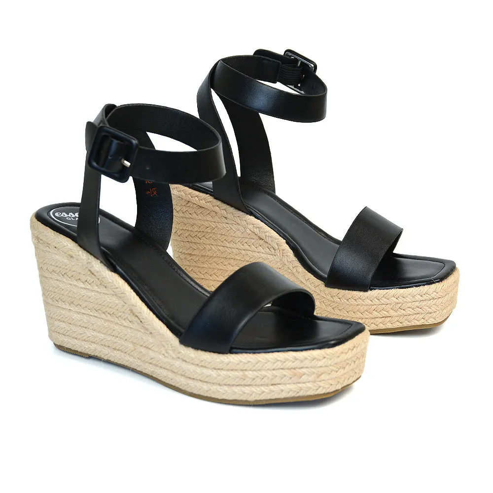 Dayla Platform Espadrille Sandal Wedge Heel With a Square Toe in Leopard Pattern