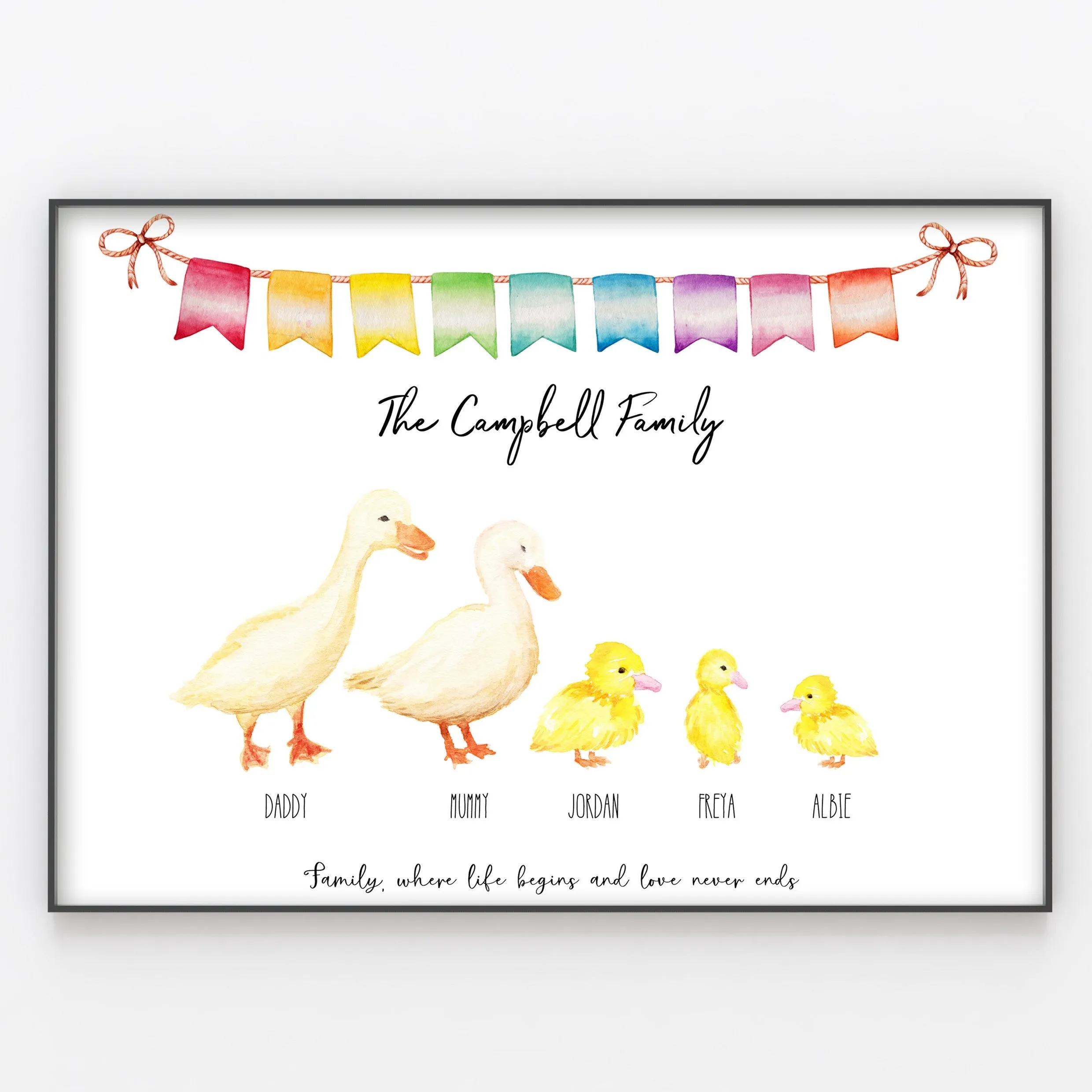 Ducks & Ducklings Family Print, Custom Quote, Personalised Wall Art Gift