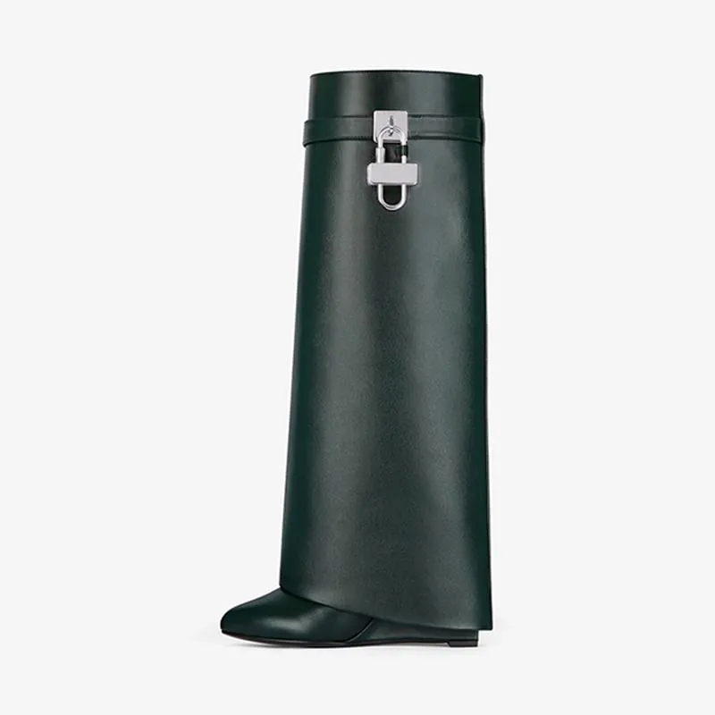Elegant Green Calfskin High Boots