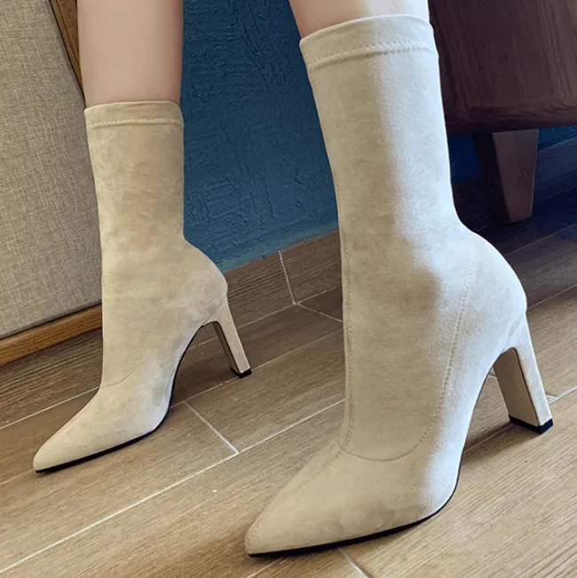 Fashion Suede Point Toe Chunky Heel Calf Boots