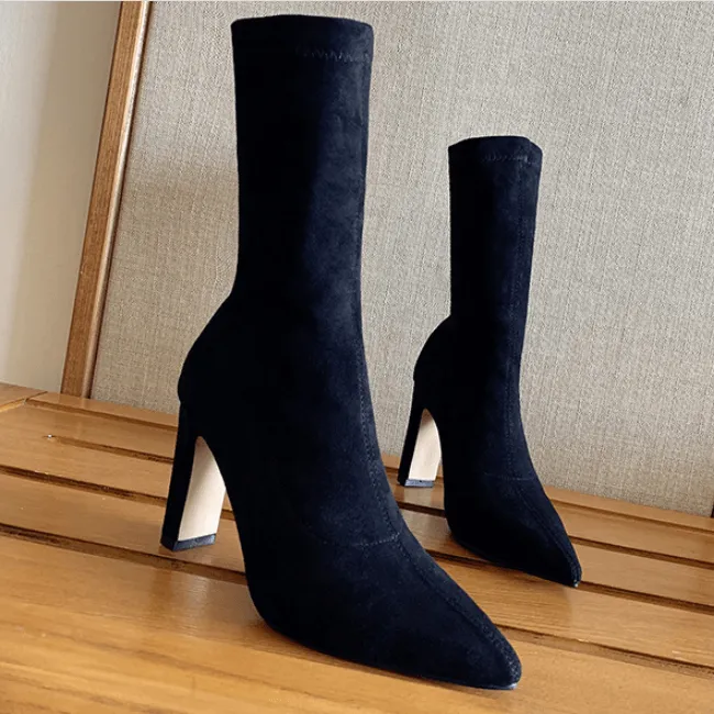 Fashion Suede Point Toe Chunky Heel Calf Boots