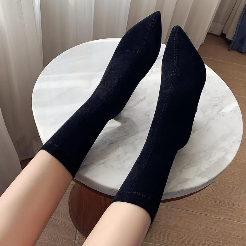Fashion Suede Point Toe Chunky Heel Calf Boots