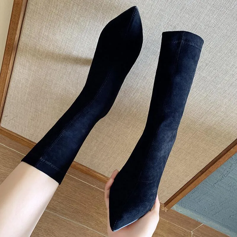 Fashion Suede Point Toe Chunky Heel Calf Boots