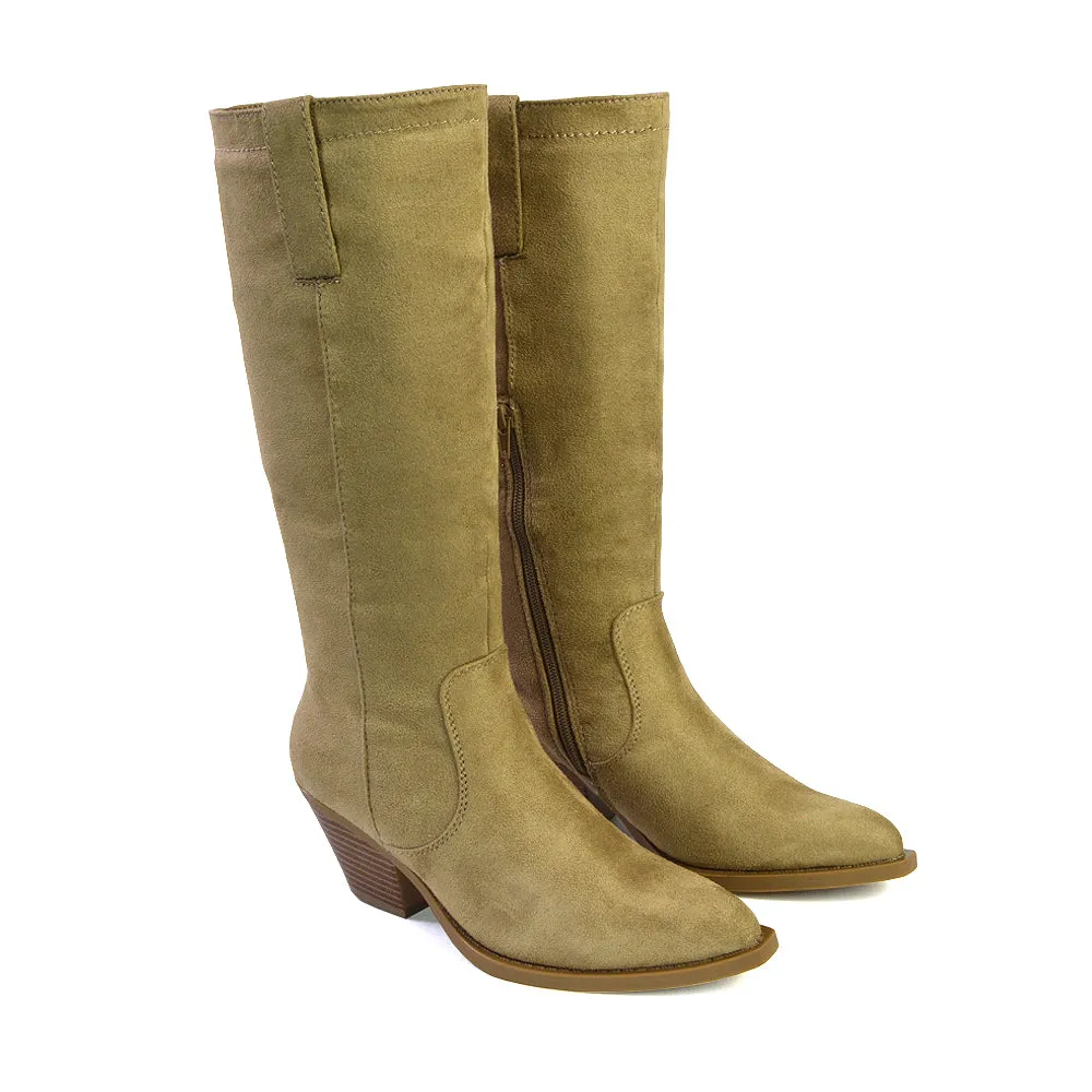 Fleur Western Knee High Cowboy Boots With Block Heel in Stone Faux Suede
