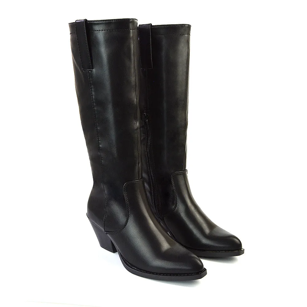 Fleur Western Knee High Cowboy Boots With Block Heel in Stone Faux Suede