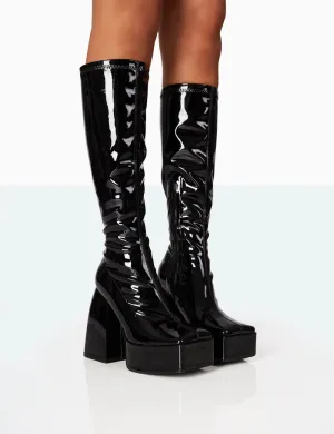 Heartbeat Black Patent PU Chunky Platform Block Knee High Boots