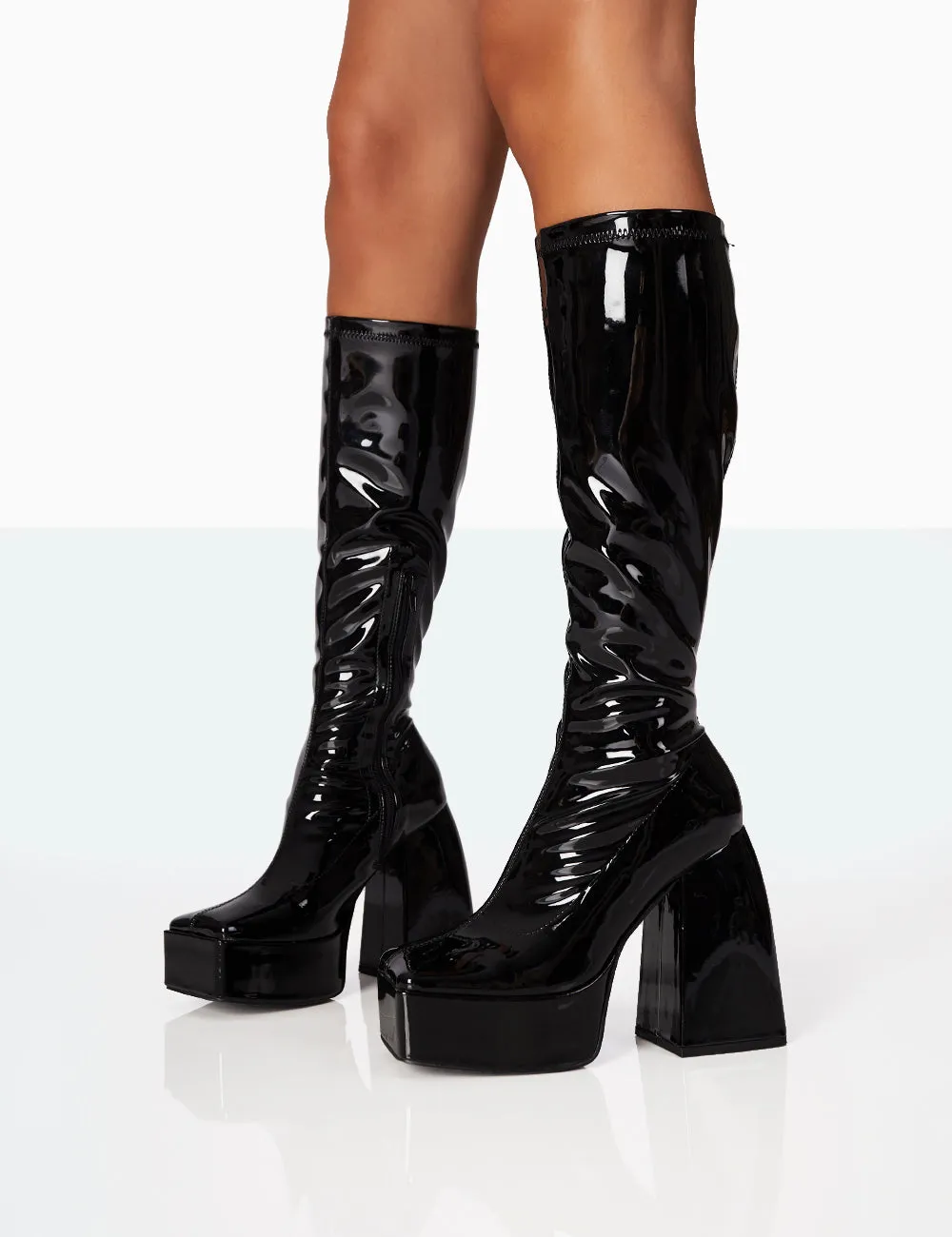 Heartbeat Black Patent PU Chunky Platform Block Knee High Boots