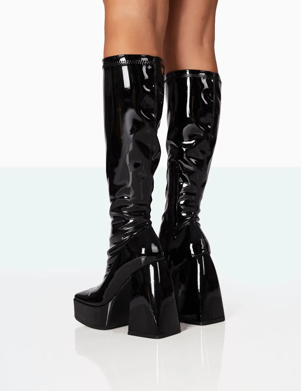 Heartbeat Black Patent PU Chunky Platform Block Knee High Boots