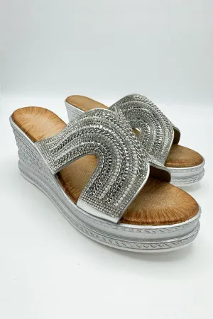Hestia Diamante Strap Wedge Mules in Silver
