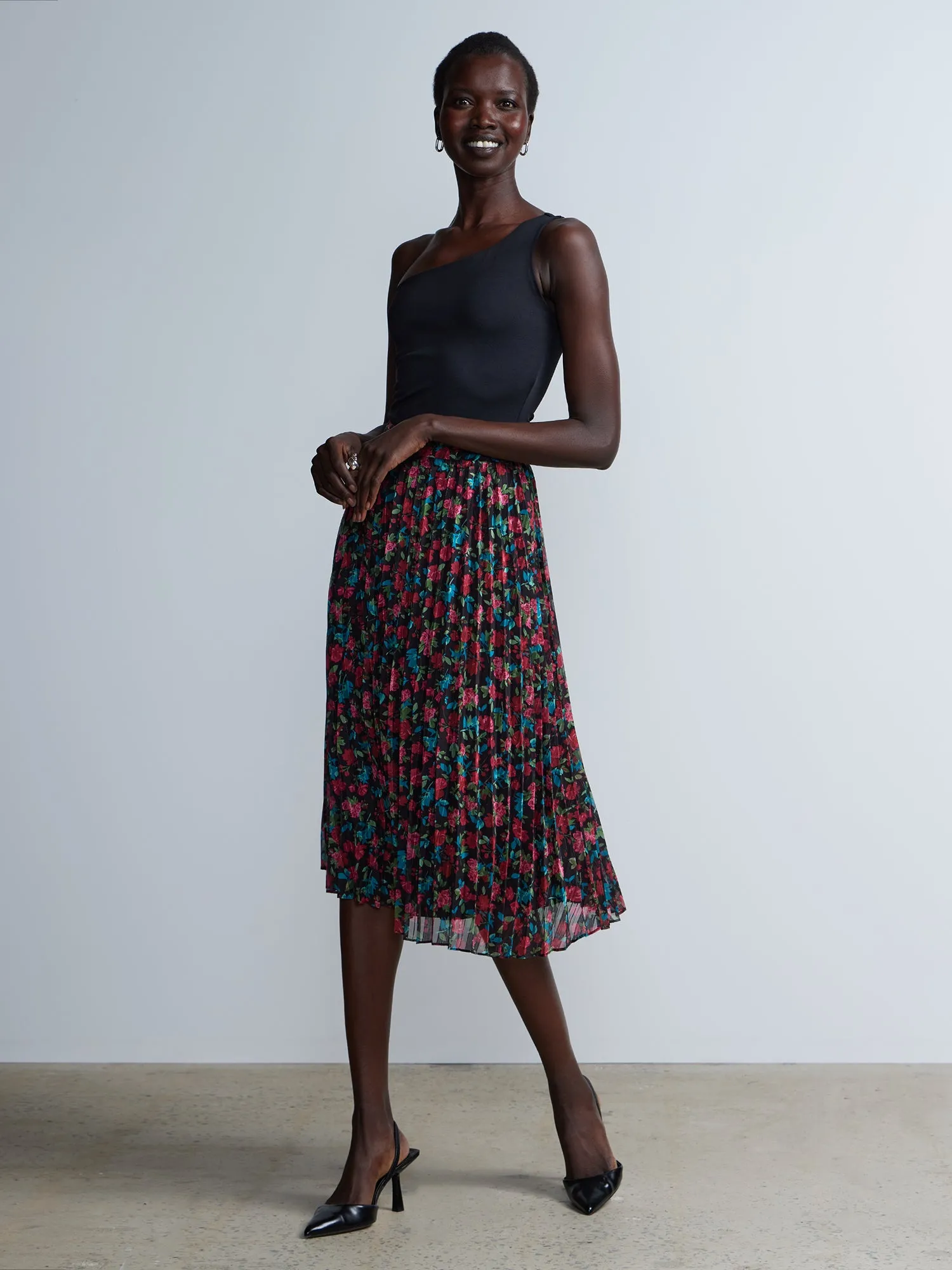 High Rise Pleated Floral Print Skirt