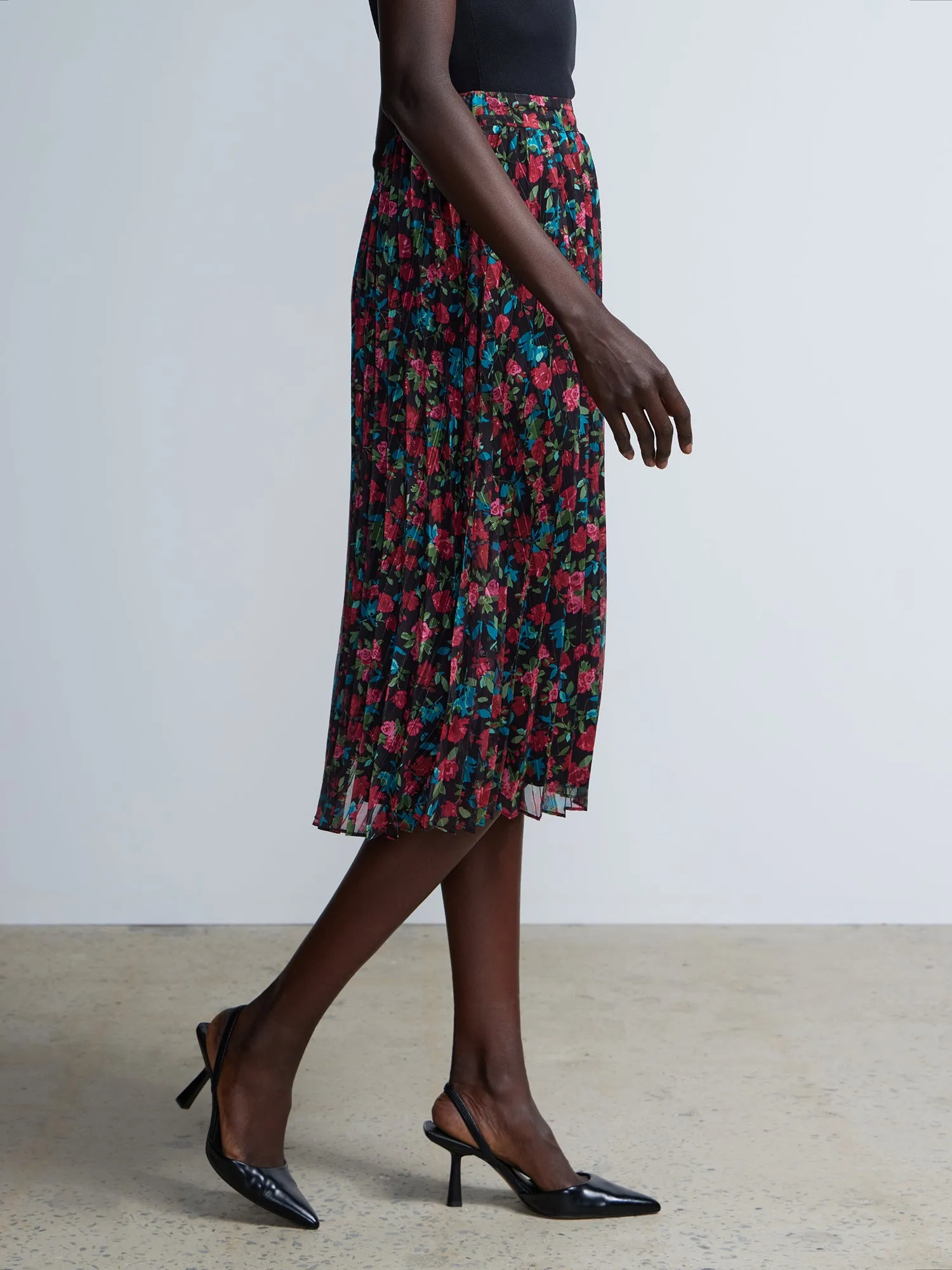 High Rise Pleated Floral Print Skirt