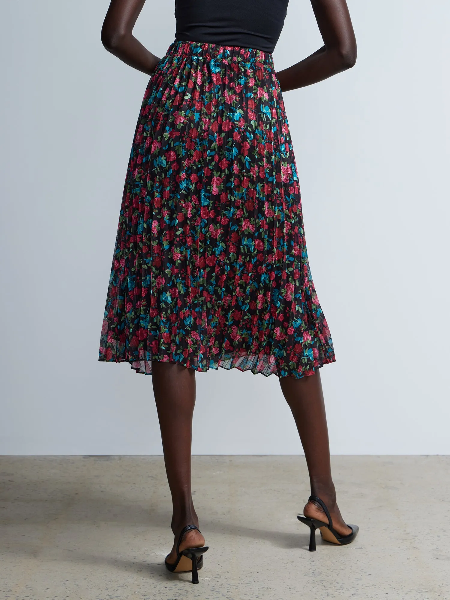 High Rise Pleated Floral Print Skirt