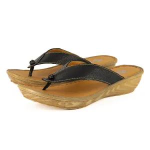 Isanya : Ladies Leather Tslops Wedge Heel Sandals in Black Cayak