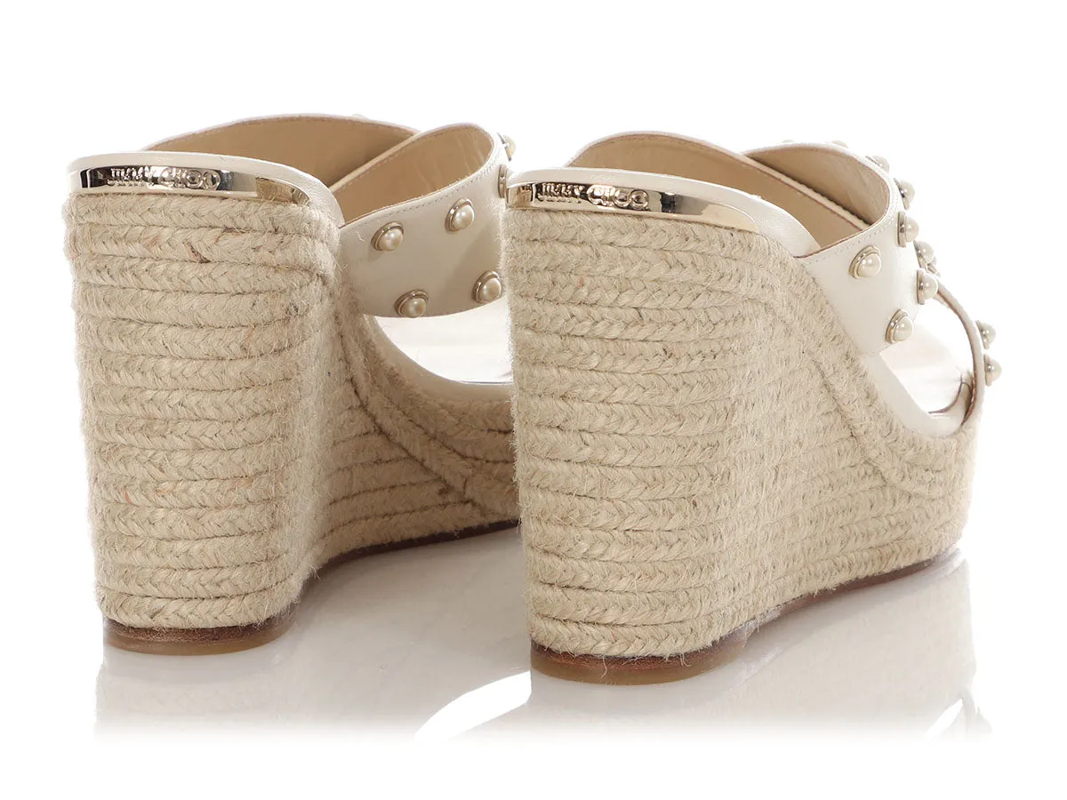 Jimmy Choo White Pearl Crossover Wedge Espadrilles