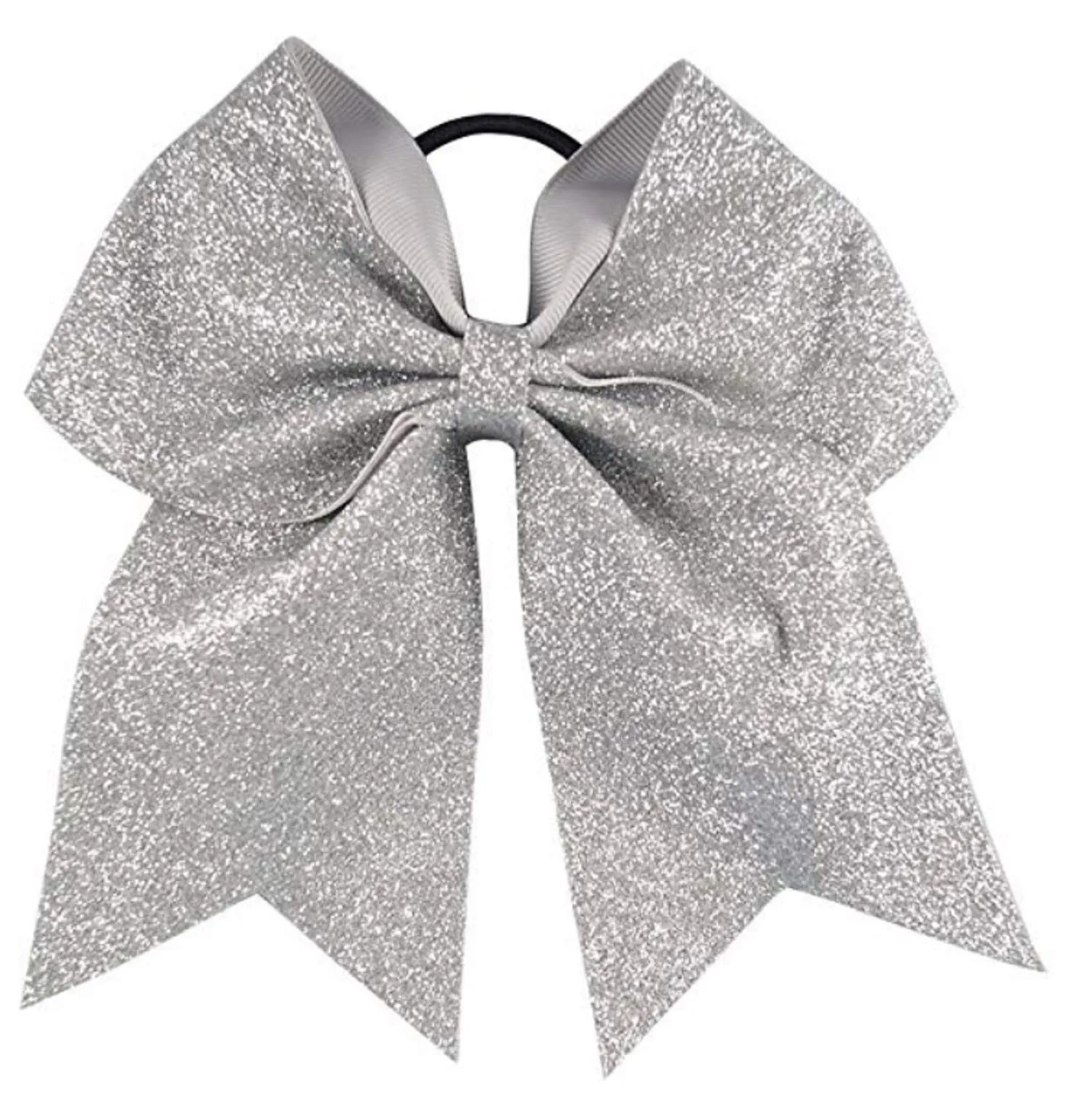 Kenz Laurenz Glitter Cheer Bows - Cheerleading Softball Gifts for Girls and Women Team Bow with Ponytail Holder Complete Your Cheerleader Outfit Uniform Strong Hair Ties Bands Elastics (1) (Silver)