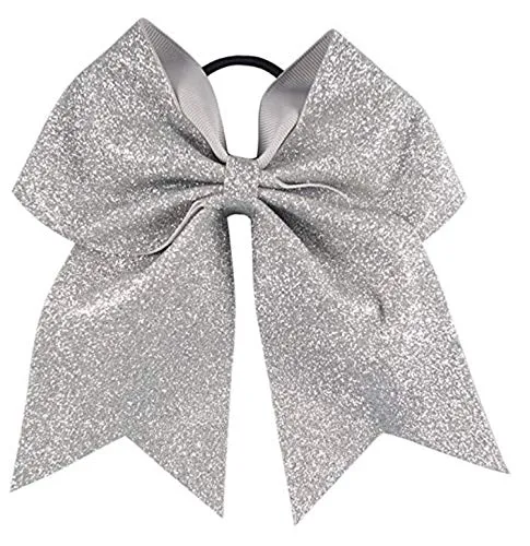 Kenz Laurenz Glitter Cheer Bows - Cheerleading Softball Gifts for Girls and Women Team Bow with Ponytail Holder Complete Your Cheerleader Outfit Uniform Strong Hair Ties Bands Elastics (1) (Silver)