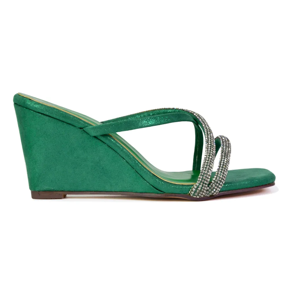 Kinsley Slip on Heeled Mules Diamante Strappy Square Toe Sandal Wedge Heel in Silver