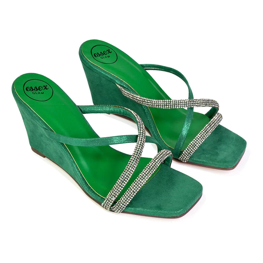 Kinsley Slip on Heeled Mules Diamante Strappy Square Toe Sandal Wedge Heel in Silver