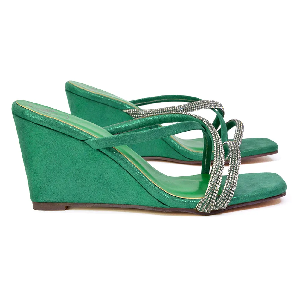 Kinsley Slip on Heeled Mules Diamante Strappy Square Toe Sandal Wedge Heel in Silver