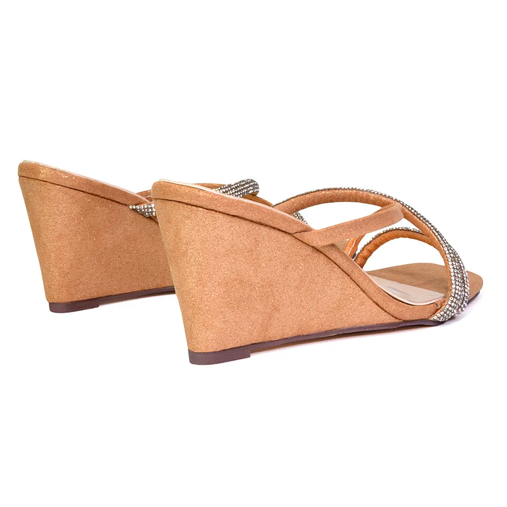 Kinsley Slip on Heeled Mules Diamante Strappy Square Toe Sandal Wedge Heel in Silver