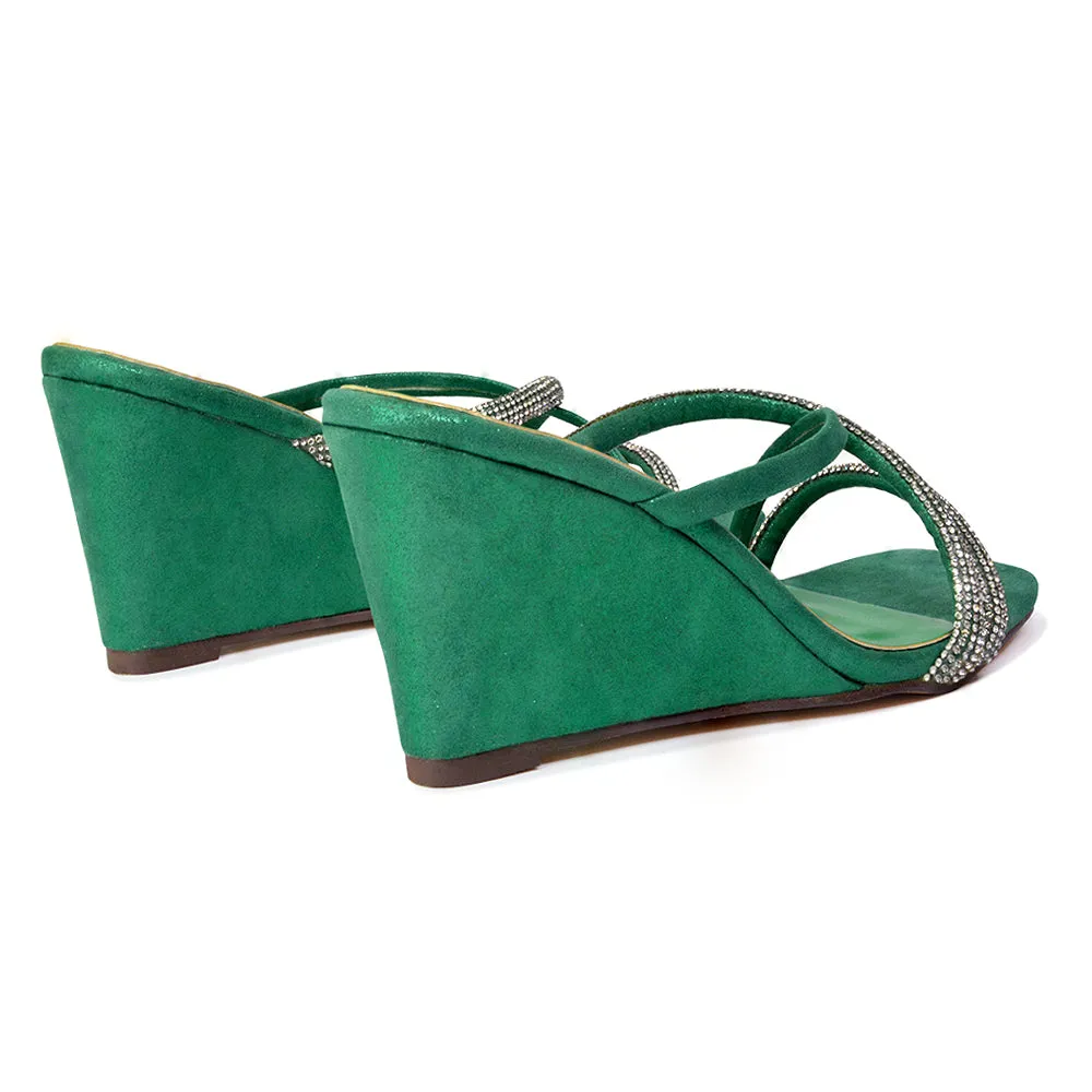 Kinsley Slip on Heeled Mules Diamante Strappy Square Toe Sandal Wedge Heel in Silver