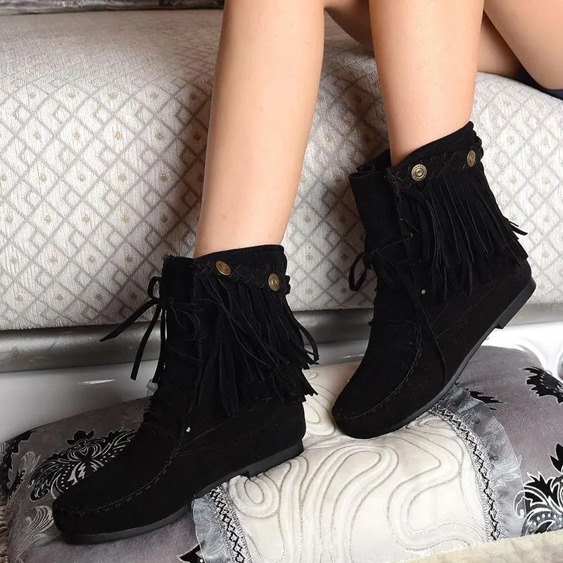 Lace Up Fringe Suede Round Toe Fringe Boots