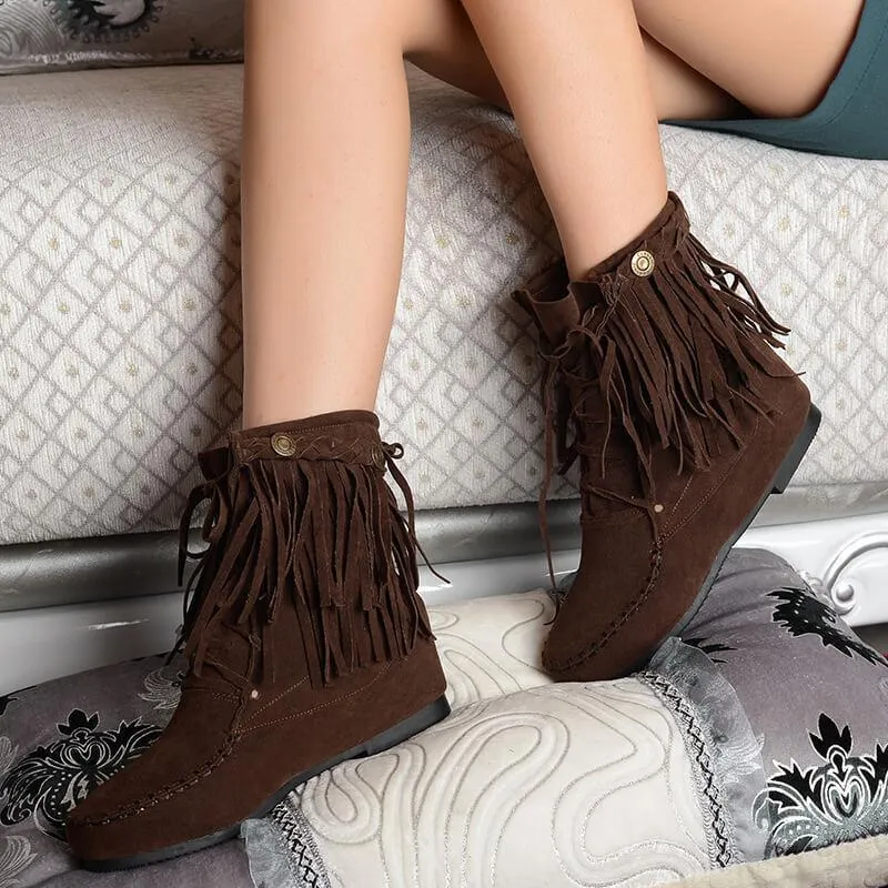 Lace Up Fringe Suede Round Toe Fringe Boots