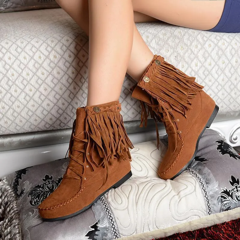 Lace Up Fringe Suede Round Toe Fringe Boots