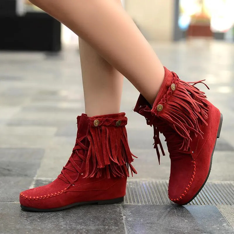 Lace Up Fringe Suede Round Toe Fringe Boots