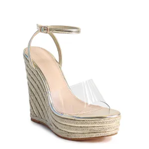 LEAH-1 OPEN TOE CLEAR STRAP W/ WEDGE SANDAL - GOLD