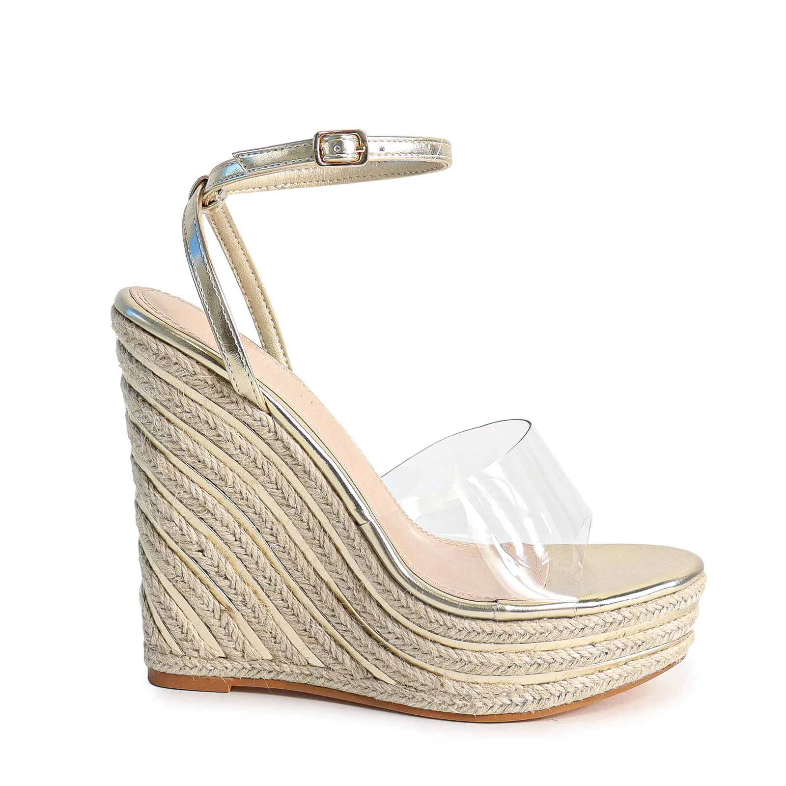 LEAH-1 OPEN TOE CLEAR STRAP W/ WEDGE SANDAL - GOLD
