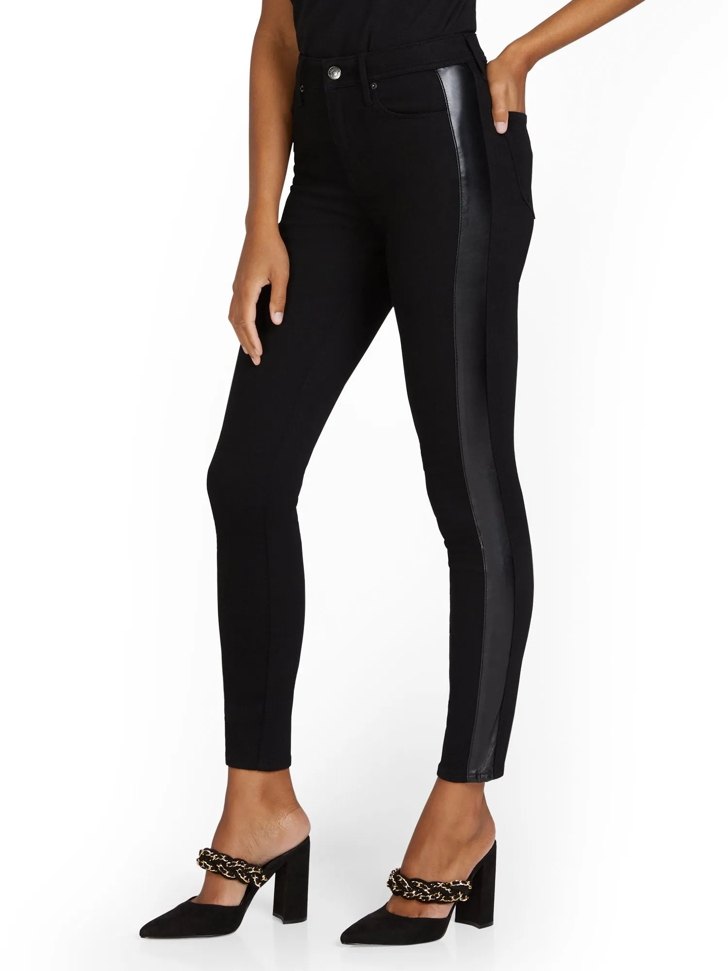 Lexi High-Waisted Super-Skinny Faux-Leather Panel Jeans - Black