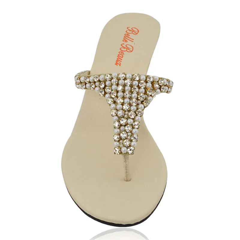 Logan Diamante Embellished Sparkly Statement Strappy Toe Post Thong Wedge Sandal High Heels in Nude