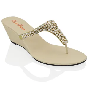 Logan Diamante Embellished Sparkly Statement Strappy Toe Post Thong Wedge Sandal High Heels in Nude