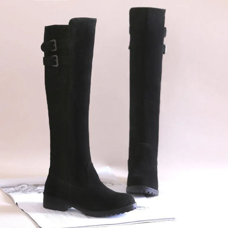 Low Chunky Heel Suede Buckle Knee High Boots