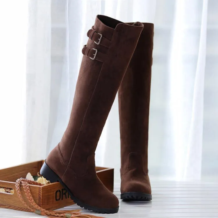 Low Chunky Heel Suede Buckle Knee High Boots