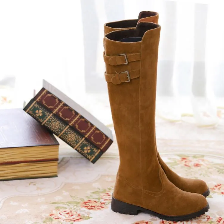 Low Chunky Heel Suede Buckle Knee High Boots