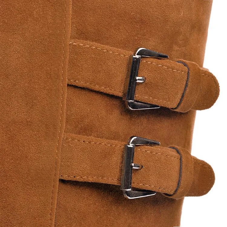Low Chunky Heel Suede Buckle Knee High Boots