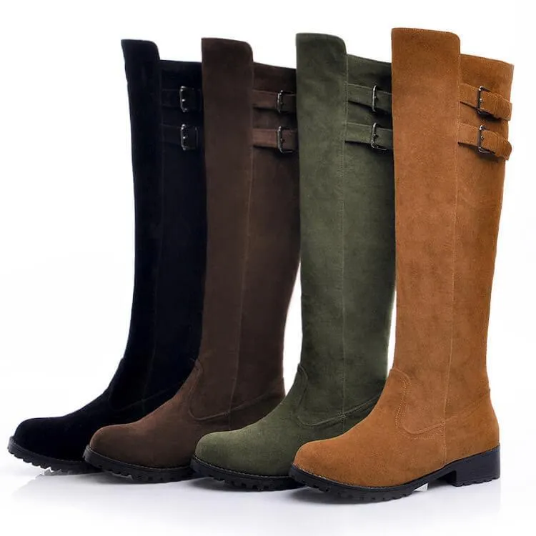Low Chunky Heel Suede Buckle Knee High Boots