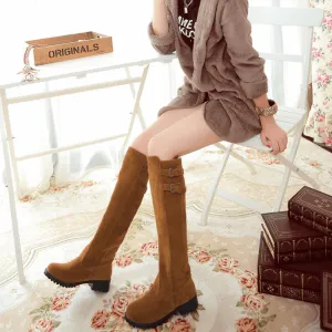 Low Chunky Heel Suede Buckle Knee High Boots