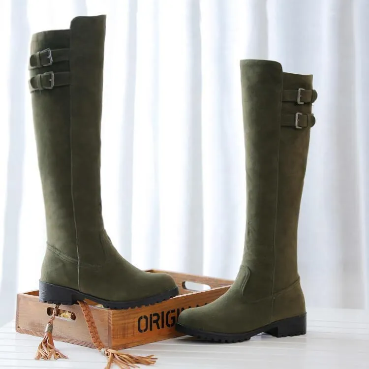 Low Chunky Heel Suede Buckle Knee High Boots