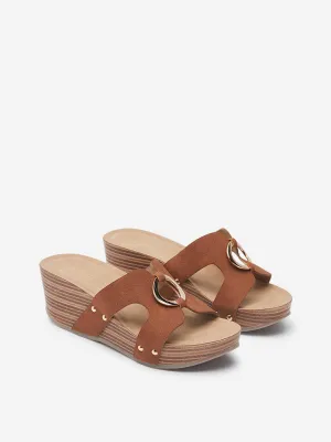 LUNA BLU Tan Metal-Detailed Wedge Heel Sandals