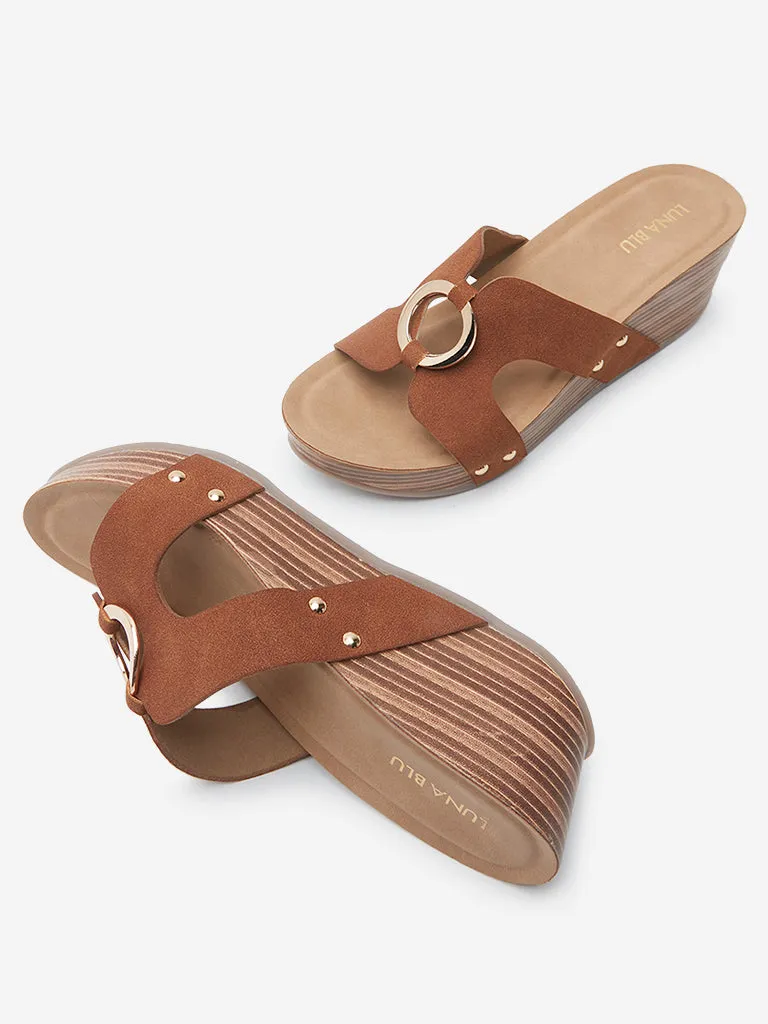LUNA BLU Tan Metal-Detailed Wedge Heel Sandals