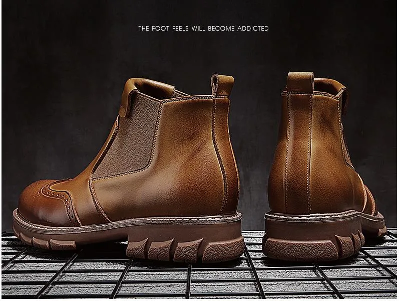 Men Genuine Leather Chelsea Boots Autumn Winter Brogues Shoes Male Platform Ankle Boots Breathable Fashion Motorcycle Boots