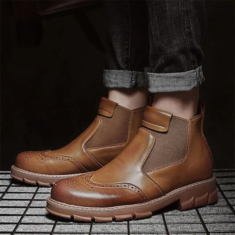 Men Genuine Leather Chelsea Boots Autumn Winter Brogues Shoes Male Platform Ankle Boots Breathable Fashion Motorcycle Boots