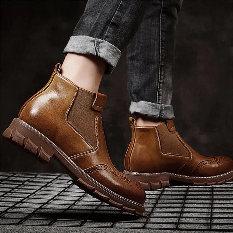 Men Genuine Leather Chelsea Boots Autumn Winter Brogues Shoes Male Platform Ankle Boots Breathable Fashion Motorcycle Boots