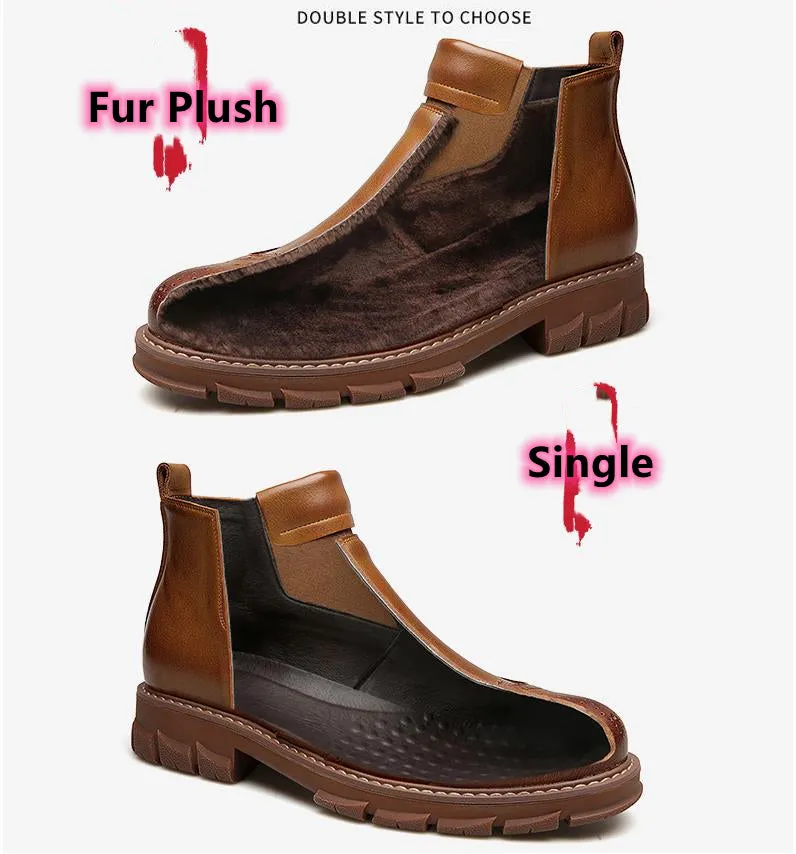 Men Genuine Leather Chelsea Boots Autumn Winter Brogues Shoes Male Platform Ankle Boots Breathable Fashion Motorcycle Boots