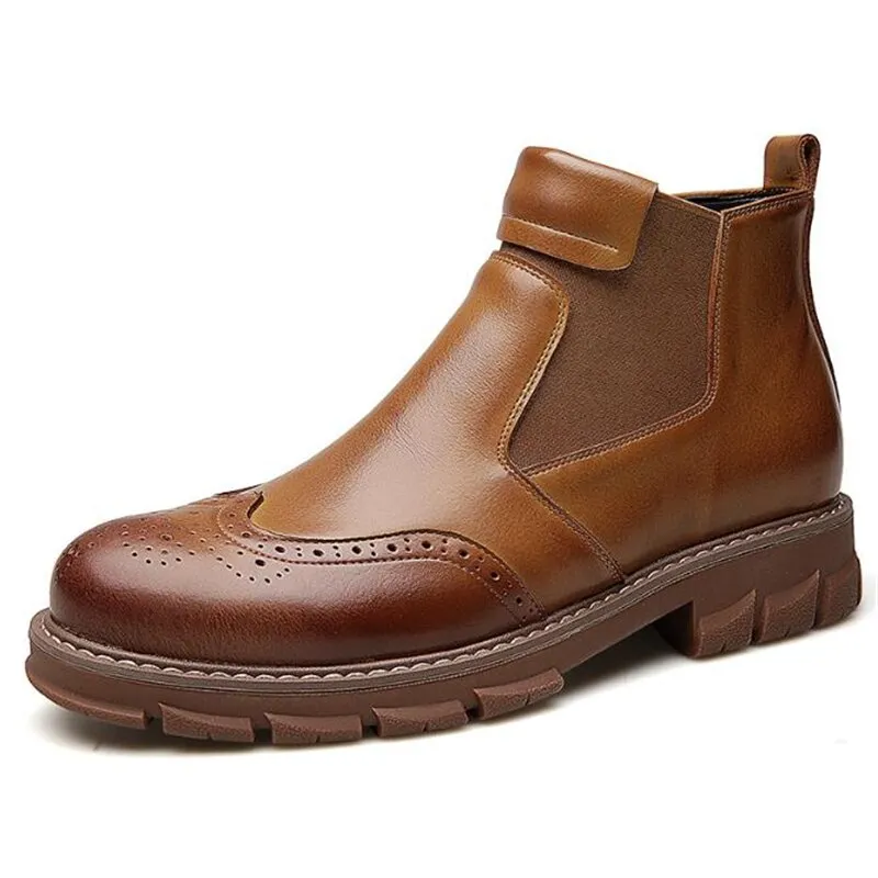 Men Genuine Leather Chelsea Boots Autumn Winter Brogues Shoes Male Platform Ankle Boots Breathable Fashion Motorcycle Boots